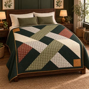 May include: A quilt featuring a geometric pattern of intersecting bands in dark green, olive green, cream, and rust-colored plaid. The quilt has a dark green border with a thin gold trim and is draped over a bed with two olive green rectangular pillows.