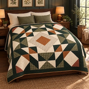 Könnte beinhalten: Eine Steppdecke mit einem geometrischen Sternmuster in den Farben Waldgrün, Creme und gebranntem Orange. Das Design kombiniert einfarbige Stoffblöcke mit Karomustern, abgerundet durch eine hellbraune Umrandung und sichtbare Steppnähte.