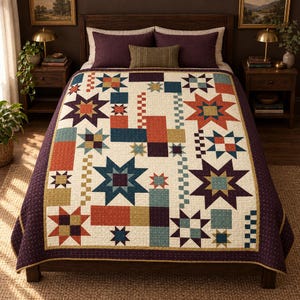 Pode incluir: Uma colcha de retalhos com um padrão geométrico de estrelas e blocos retangulares multicoloridos em tons de roxo escuro, laranja queimado, azul-petróleo e amarelo mostarda sobre fundo creme, com uma borda roxa escura com pontos brancos.