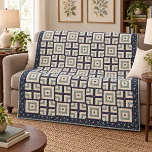 May include: A rectangular quilt featuring a geometric pattern of interlocking squares and crosses in shades of navy blue, light blue, and cream. The quilt is finished with a dark navy blue border decorated with a small, repeating floral print.