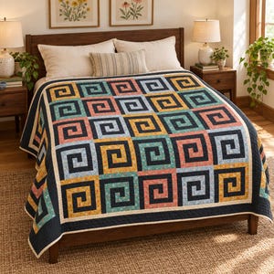 Könnte beinhalten: Eine Steppdecke mit einem sich wiederholenden geometrischen Mäandermuster in einem Rasterlayout. Das Design umfasst Quadrate in Marineblau, Senfgelb, Korallenrosa und Petrol, die jeweils mit einem kleinen Blumenmuster auf cremefarbenem Grund verziert sind.