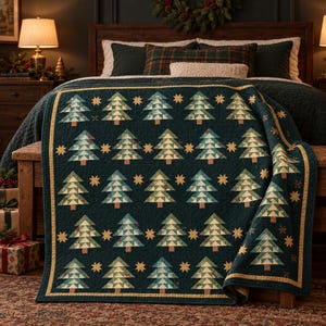 May include: A dark green quilt featuring a repeating pattern of pieced geometric Christmas trees in shades of green, cream, and brown, interspersed with small gold stars. The quilt has a solid gold border and a quilted texture throughout.