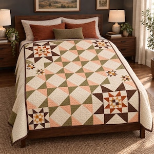 May include: A bed quilt featuring a geometric star pattern in shades of cream, olive green, terracotta, and dark brown. The design consists of alternating large and small star motifs arranged in a grid, with a quilted texture throughout the fabric.