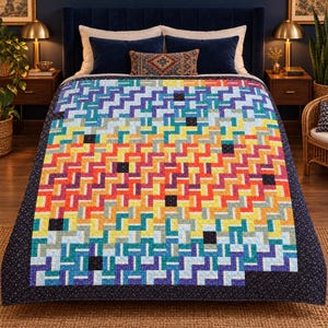 Puede incluir: Una colcha rectangular con un vibrante patrón geométrico multicolor de formas en zigzag entrelazadas en tonos azul, verde, amarillo, naranja y rojo, acentuado por pequeños cuadrados negros y un borde azul marino con estampado floral.