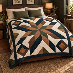 May include: A bed quilt featuring a large geometric star pattern in shades of navy blue, olive green, brown, and cream. The quilt is draped over a wooden bed frame with two cream-colored pillows and two olive green rectangular accent pillows.