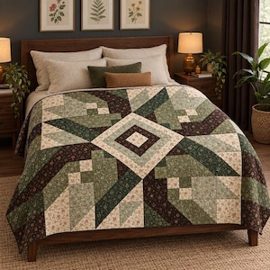 May include: A patchwork quilt featuring a geometric star pattern in shades of dark green, sage, cream, and brown. The design incorporates floral prints and solid-colored fabric blocks arranged in a symmetrical layout, covering a bed with pillows.