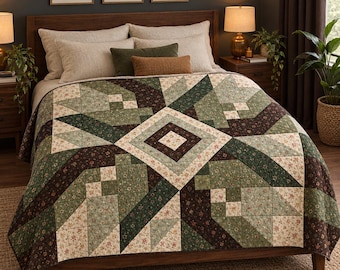 May include: A patchwork quilt featuring a geometric star pattern in shades of dark green, sage, cream, and brown. The design incorporates floral prints and solid-colored fabric blocks arranged in a symmetrical layout, covering a bed with pillows.