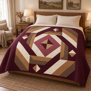 May include: A bed quilt featuring a geometric pattern in shades of deep burgundy, tan, cream, and brown. The design consists of a central square surrounded by radiating rectangular and triangular shapes, with some sections displaying a small floral print.