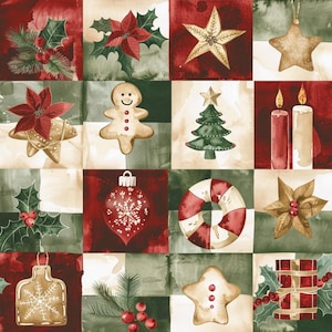 May include: A fabric pattern featuring a grid of squares with watercolor illustrations of Christmas motifs including poinsettias, gingerbread cookies, pine branches, gold stars, ornaments, a wreath, candles, and holly berries in red, green, and gold.