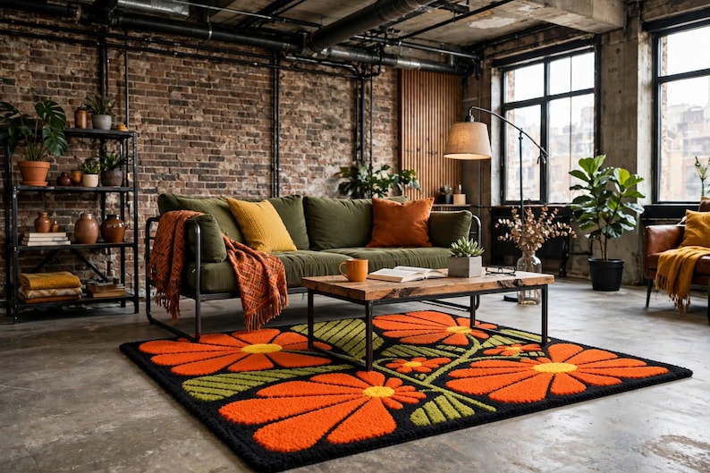 70s Retro Orange Floral Hand Tufted Rug | Mid Century Modern Botanical ...