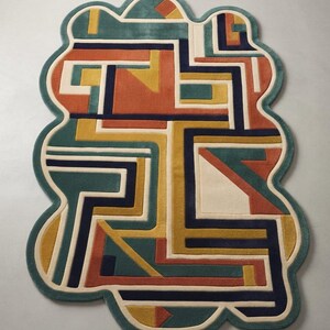 Tapete geométrico abstrato, tapete moderno tufado à mão, decoração de sala de jogos com formato irregular, tapete moderno de meados do século, tapete exclusivo para sala de estar.