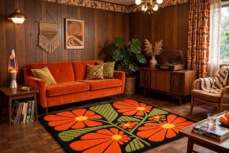 70s Retro Orange Floral Hand Tufted Rug | Mid Century Modern Botanical ...