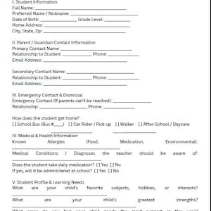 May include: A printed Student Information Form featuring a red apple icon atop a stack of blue books on both sides of the title. The document includes sections for student details, parent contact, emergency info, medical history, and learning needs.