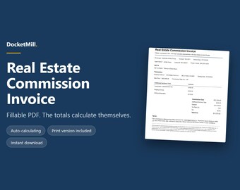Realtor Invoice Template | Fillable Real Estate Commission Invoice PDF | Auto Calculated Totals, Printable