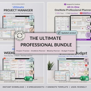 Könnte beinhalten: Ein digitales Produktpaket mit Projektmanager, OneNote-Planer, Wochenplaner und Budget-Tracker. Die Darstellung zeigt Screenshots von Tabellenkalkulationsoberflächen, Aufgabenautomatisierungstools und Budget-Dashboards mit verschiedenen Textbeschriftungen.