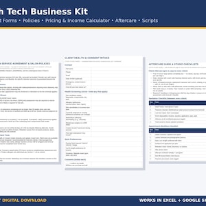 May include: A Lash Tech Business Kit featuring three white documents with dark blue headers. The pages include a Lash Extension Service Agreement and Salon Policies, a Client Health and Consent Intake form, and an Aftercare Guide and Studio Checklists.