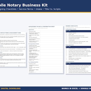 May include: A mobile notary business kit featuring three white documents with dark blue headers. The forms include a Mobile Notary Service Terms & Engagement Form, an Appointment Intake & Confirmation Sheet, and Signing Checklists for loan signings.