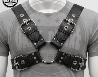 Black Leather Chest Harness for Men – Adjustable Buckled Body Strap with O-Ring, Festival, Club, and Fashion Accessory