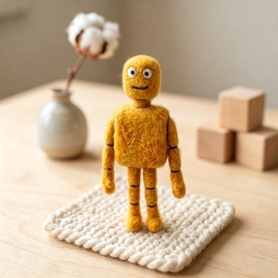 A one-of-a-kind needle-felted yellow robot desk companion — the kind of tiny handmade sculpture that looks like it wandered out of a Studio Ghibli film and onto your monitor.
