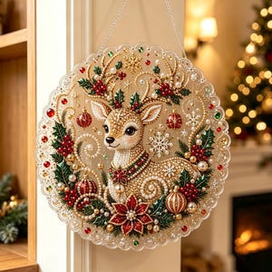 May include: A circular hanging ornament featuring a beaded deer illustration surrounded by holly leaves, red berries, white snowflakes, and gold accents. The design is embellished with small pearls and red ornaments, suspended by a thin silver chain.