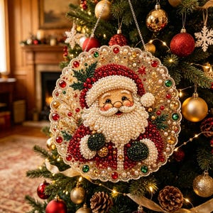 May include: A circular Christmas ornament featuring a beaded Santa Claus portrait. The design uses white, red, and green beads to form Santa's face, beard, and suit, surrounded by a decorative scalloped border with embedded red and green gems.