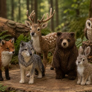 May include: A collection of needle-felted animal figurines including a red fox, a grey wolf, a spotted deer with antlers, a brown bear, a brown owl perched on a stump, and a brown rabbit, all arranged together on a circular wooden tree stump.