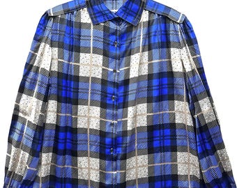 Balenciaga Silk Blouse Sz 46 XL 14-16 Blue Plaid Top Vintage 80s Chic