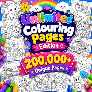 May include: A digital collection of coloring pages featuring the text Unlimited Colouring Pages Edition and 200,000+ Unique Pages. The design includes black and white line art of an elephant, unicorn, turtle, monkey, castle, truck, train, robot, butterfly, planet, and cat.