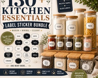 Etiketten-Set mit über 130 Küchenutensilien | Vorratsdosen-Etiketten (PNG/JPG) | Druckbare Gewürzglas-Etiketten | Schwarz-weiße Vorratsdosen-Etiketten