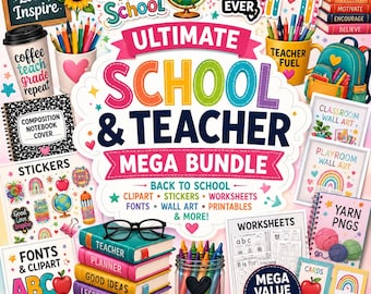 Ultimatives Lehrer-Megapaket: Cliparts, Sticker, Arbeitsblätter, digitale Papiere, Wandbilder fürs Klassenzimmer, druckbarer Download