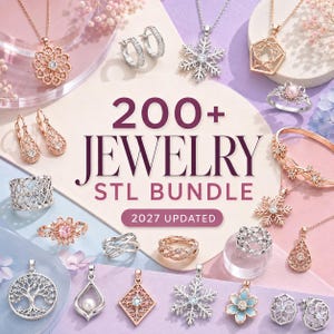 May include: A collection of various jewelry pieces including necklaces, rings, and earrings featuring floral, snowflake, and geometric designs. The text 200+ JEWELRY STL BUNDLE 2027 UPDATED is displayed in the center of the image among the jewelry items.