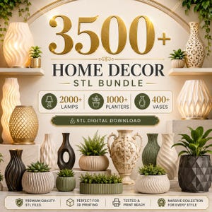 Può includere: Una collezione digitale di oltre 3500 file STL di decorazioni per la casa per stampa 3D, con oltre 2000 lampade, 1000 vasi per piante e 400 vasi. L'immagine mostra varie lampade, vasi e contenitori decorativi bianchi, neri e verdi.