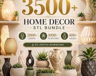 May include: A digital collection of 3500+ home decor STL files for 3D printing, featuring 2000+ lamps, 1000+ planters, and 400+ vases. The image displays various white, black, and green decorative lamps, vases, and planters with diverse textures.