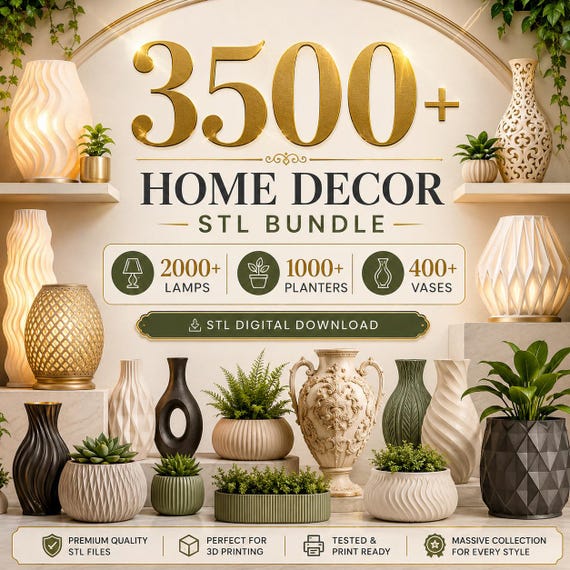 3500+ 3D Printable Home Decor STL Bundle, 2000+ Lamp Shades, 1000+ Planters, 400+ Vases, Digital Download STL Files