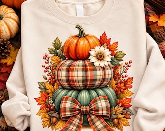 Karo-Kürbis (PNG), Herbst-Kürbis-Sublimationsdesign, Herbst-Kürbisschleife (PNG), Grafik für Thanksgiving-Shirts, Herbst-PNG-Download