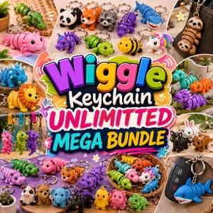 Może przedstawiać: Kolekcja ruchomych breloków w kształcie zwierząt, takich jak rekiny, lwy, pandy i jednorożce. Centralny tekst głosi Wiggle Keychain UNLIMITED MEGA BUNDLE. Każdy brelok posiada segmentowy korpus oraz metalowe kółko do kluczy.