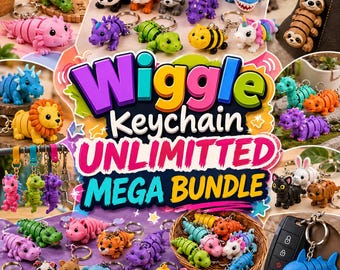 May include: A collection of articulated animal keychains featuring various creatures like sharks, lions, pandas, and unicorns. The central text reads Wiggle Keychain UNLIMITED MEGA BUNDLE. Each keychain has a segmented body design with a metal ring.