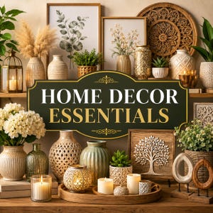 Può includere: Una collezione di articoli per la casa che include vari vasi in ceramica, portacandele testurizzati, decorazioni da parete in legno e piante in vaso. Un cartello verde scuro con testo dorato riporta la scritta HOME DECOR ESSENTIALS.