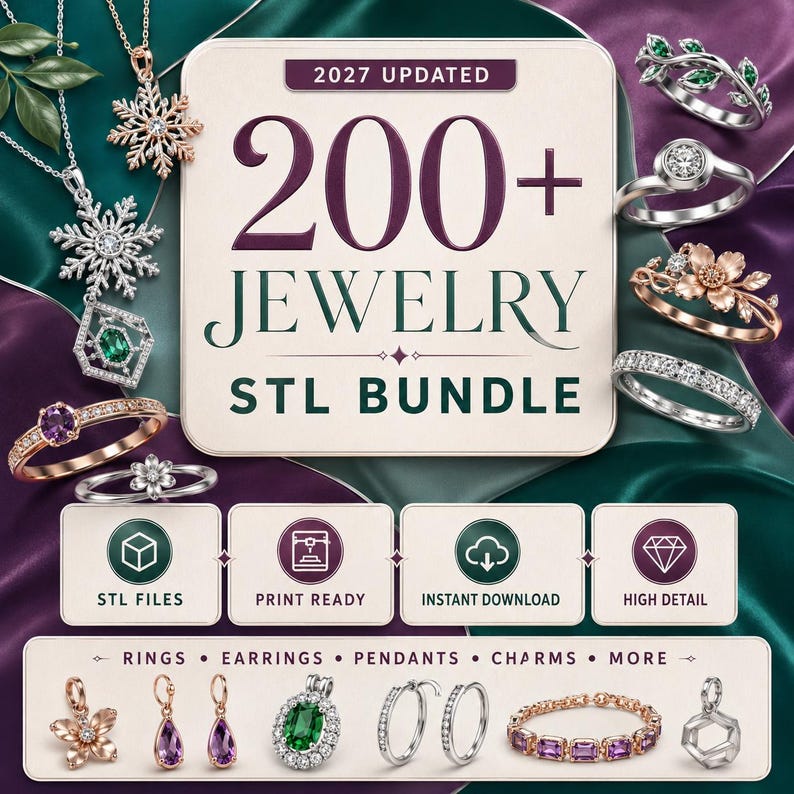 May include: A digital collection of 200+ jewelry STL files for 3D printing, featuring various rings, pendants, and earrings. The graphic displays the text 2027 UPDATED 200+ JEWELRY STL BUNDLE, along with icons for STL files, print ready, instant download, and high detail.