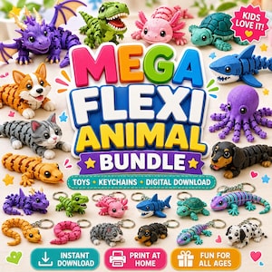 4000+ Mega Flexi Animal STL-paket, 3D-utskrivbara ledade djurleksaker, söta Flexi-nyckelringar, drake, dinosaurie, haj, sköldpadda STL-filer