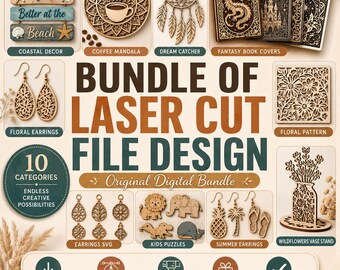 SVG-Bundle mit Laserschnittvorlagen, 10 Kategorien (Mega-Kollektion): Ohrringe, Kinderpuzzles, Traumfänger, Blumenmuster, Vasenständer, DXF- und PNG-Dateien