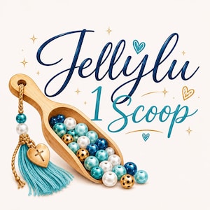 May include: A wooden scoop filled with blue, white, and gold beads, accompanied by a teal tassel and a gold heart charm with a cross. The text Jellylu 1 Scoop is written in blue script above the scoop, accented by small gold stars and hearts.