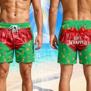 Pineapple Swim Trunks Shorts Funny Red Bow Gift Wrapped Underwear Print Hilarious Gag Gifts For Guys Husband Summer Christmas Beach Vacation