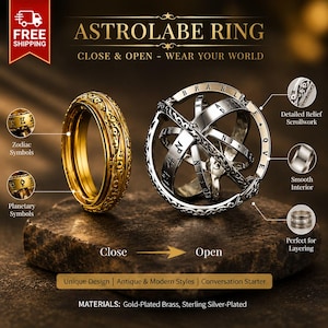 May include: An astrolabe ring shown in two states: closed as a gold-plated band with intricate scrollwork and open as a silver-plated sphere featuring engraved letters and zodiac symbols. The text reads ASTROLABE RING, CLOSE & OPEN - WEAR YOUR WORLD.