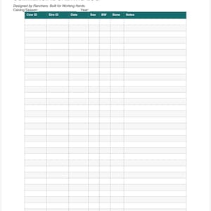 May include: A white printable commercial calving log document with black text. The header reads TREK LIVESTOCK PRINTABLES and COMMERCIAL CALVING LOG. It includes fields for Calving Season, Year, Cow ID, Sire ID, Date, Sex, BW, Bone, and Notes.