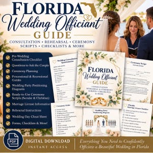 May include: A digital Florida Wedding Officiant Guide featuring checklists, ceremony scripts, and planning forms. The document includes a consultation questionnaire, ceremony order, wedding party diagrams, and a marriage license checklist.
