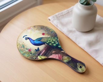 Miroir de poche en bambou personnalisé : Paon, Paon bleu, fait main