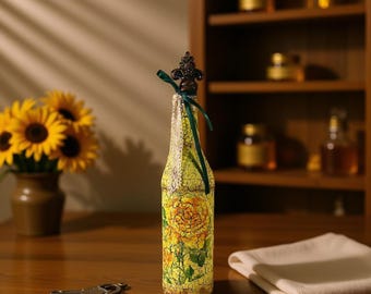 Bouteille décorative artisanale : roses jaunes vintage en découpage, motif floral