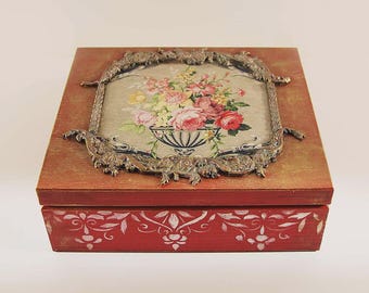Coffret à bijoux artisanal, motif vintage de fleurs rouges, rangement pour le thé et les petits objets, luxe