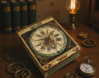 Boîte Steampunk artisanale, style livre-horloge vintage, rangement de luxe pour petits objets, décoration de bibliothèque